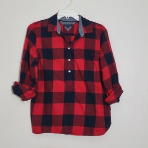 Tommy Hilfiger Red and Navy Blue  Plaid Henley Shirt Size Large